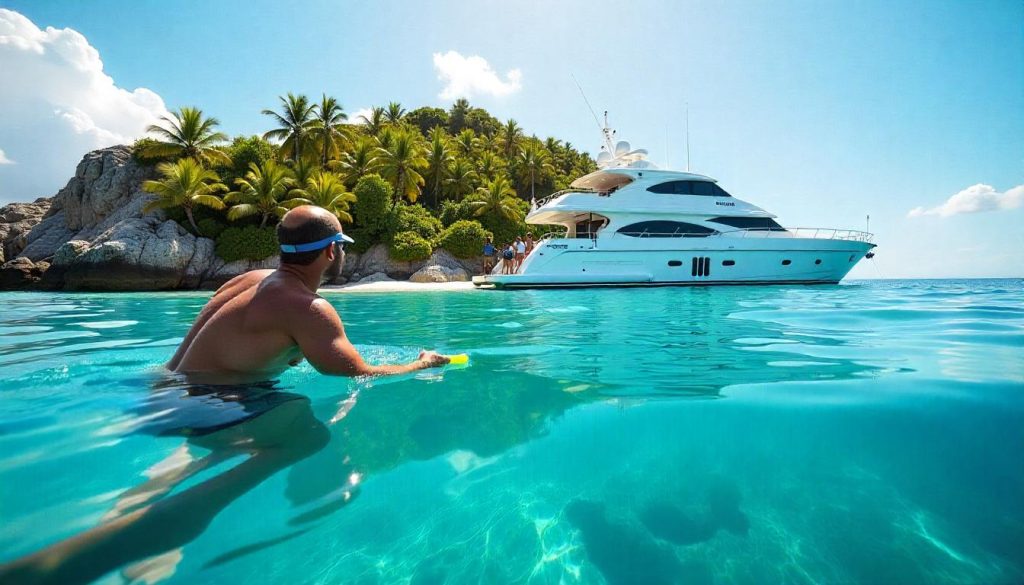 Iate ancorado perto de uma ilha tropical, mostrando o iatismo e a aventura no Pacífico Sul.